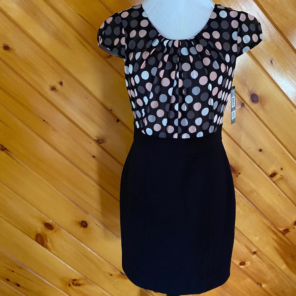 Tahari Arthur S Levine Petite Polka Dot Sheath Dress Black Grey Blush 4P NEW
